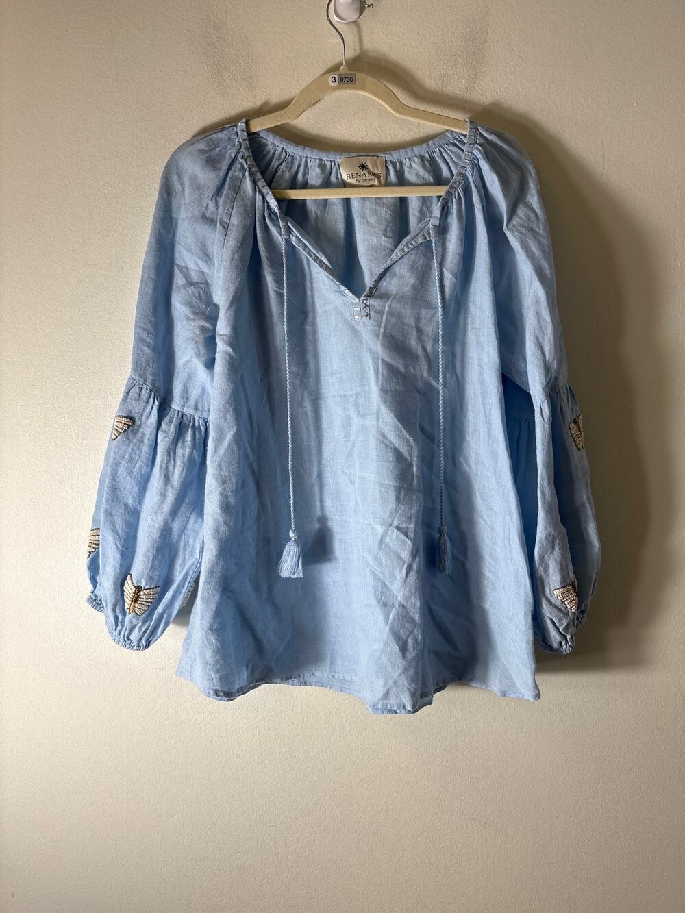 Benarus Light Blue Long Sleeve Linen Tunic Sz M